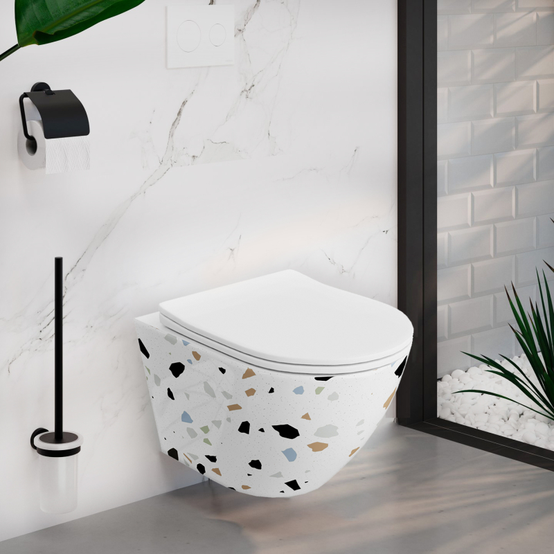 Set wc suspendat Spectrum, Trendi Stone, rimless cu capac inclus, 35.5 x 51.5 cm, alb mozaic
